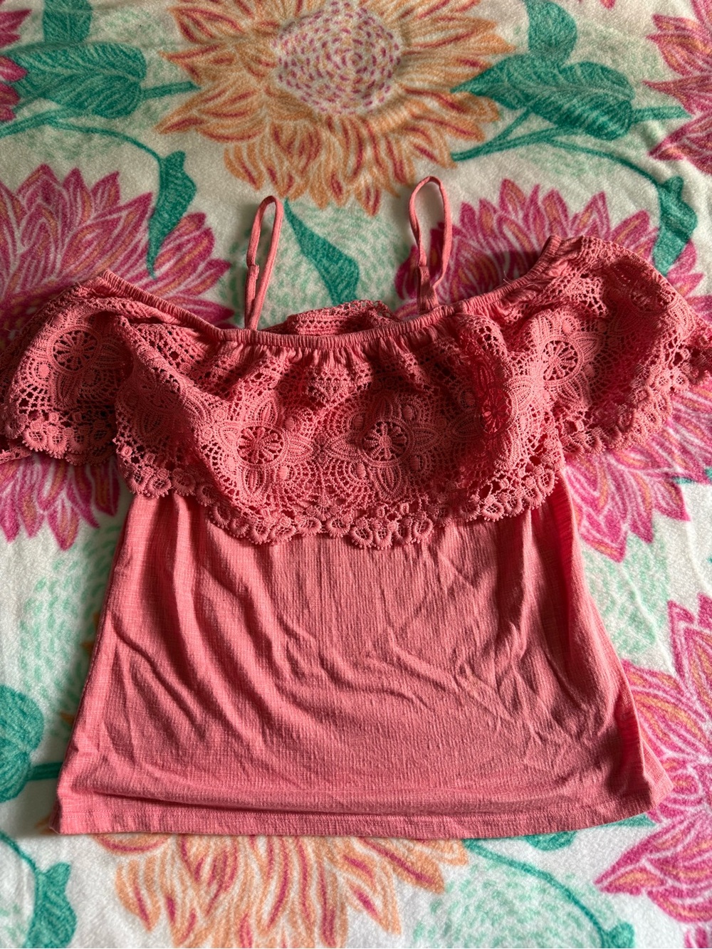 No Boundaries Coral Off-the-Shoulder Lace Trim Tank